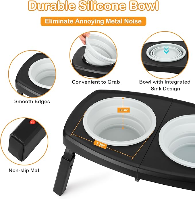 Adjustable Elevated Dog Bowls Stand – 4-Level Height Portable Feeder with Collapsible Silicone Bowls, Non-Slip Base for Medium & Large Dogs – Travel Dog Bowl & Water Dish