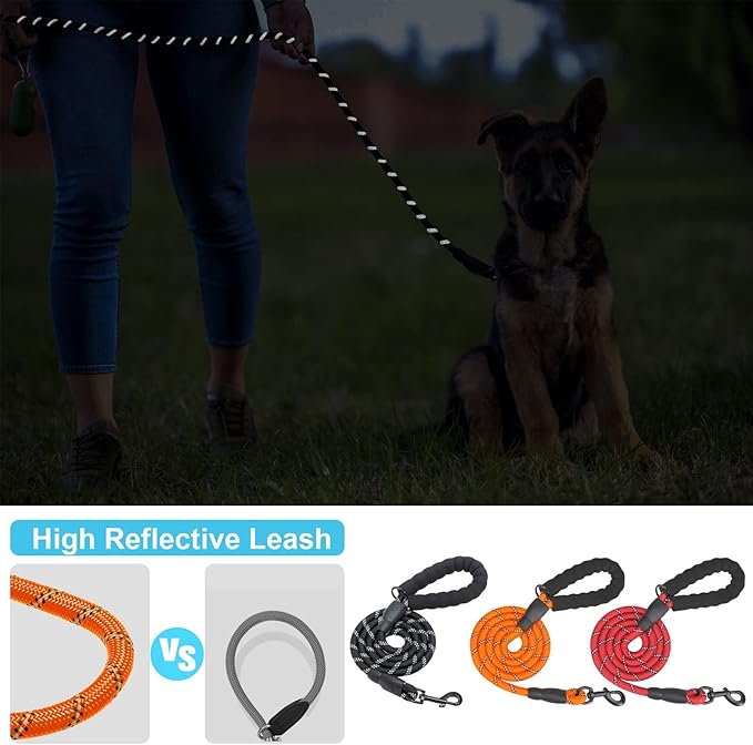 BEAUTYZOO Heavy Duty Rope Dog Leash 3 Pack, 6FT Nylon Pet Leash with Reflective Thread, Soft Padded Handle Thick Lead Strong Dog Leashes for Large Medium Dogs Small Puppy Training 6'*1/2 inch