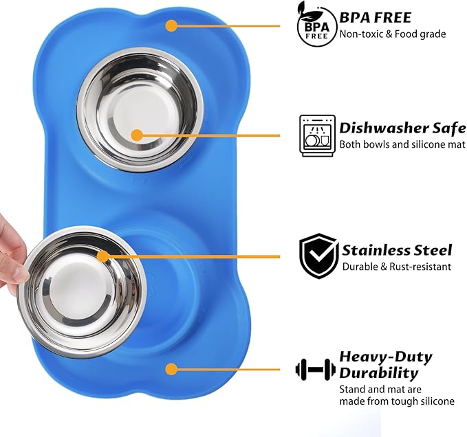 Hubulk Pet Dog Bowls 2 Stainless Steel Dog Bowl with No Spill Non-Skid Silicone Mat + Pet Food Scoop Water and Food Feeder Bowls for Feeding Small Medium Large Dogs Cats Puppies (Large, Blue)