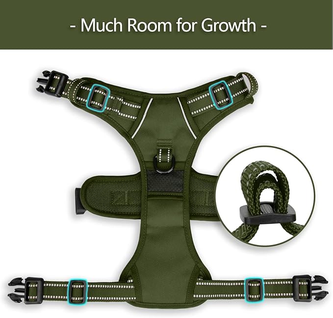 PoyPet No Pull Dog Harness, No Choke Reflective Dog Vest, Adjustable Pet Harnesses with Easy Control Padded Handle for Small Medium Large Dogs(Military Green,M)