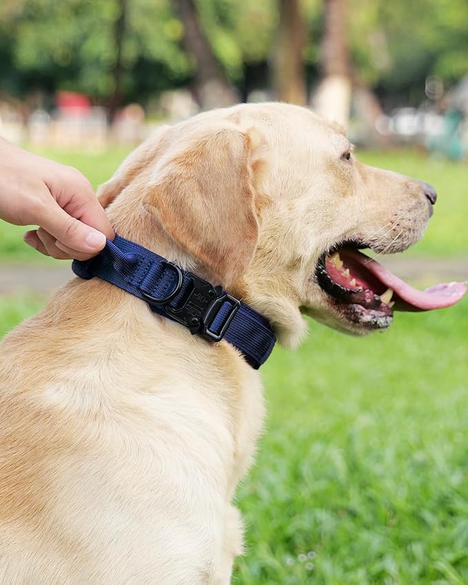 Joytale Tactical Dog Collar with Handle, Adjustable Heavy Duty Military Collar with 2 Patches for Training, Suitable for XLarge Dogs, Navyblue, XL