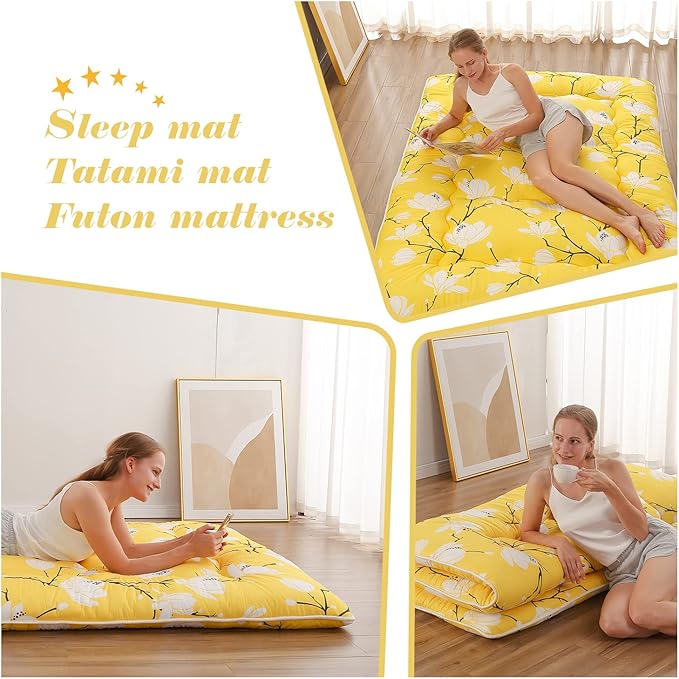 Japanese Floor Mattress, Futon Mattress with Portable Storage Bag and Washable Cover, Roll Up Thick Tatami Mat Suitable for Camping, Guest Room, Yellow Flower, Full