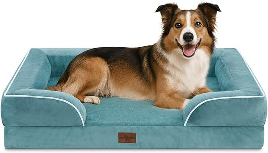 Comfort Expression Orthopedic Dog Bed for Large Dogs 38x25 Inch, Waterproof Supportive Egg Crate Foam Large Pet Bed with Removable Bolster, Dog Couch with Washable Cover & Non-Slip Bottom, Washed Blue