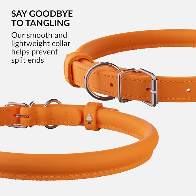 CollarDirect Rolled Leather Dog Collar, Soft Padded Round Puppy Collar, Handmade Genuine Leather Collar Dog Small Large Cat Collars 13 Colors (6 Inch, Orange Smooth)