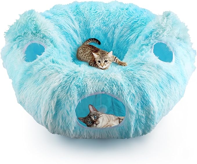 Cat Tunnel Bed, 3-in-1 Collapsible Cat Tube with Removable Washable Cushion, Multi-Shape (U/S/Half-Round) Playhouse with Peekaboo Holes, Hanging Balls & Cat Ears for Cats, Small Dogs, Rabbits