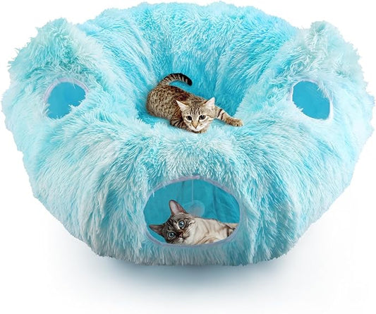 Cat Tunnel Bed, 3-in-1 Collapsible Cat Tube with Removable Washable Cushion, Multi-Shape (U/S/Half-Round) Playhouse with Peekaboo Holes, Hanging Balls & Cat Ears for Cats, Small Dogs, Rabbits