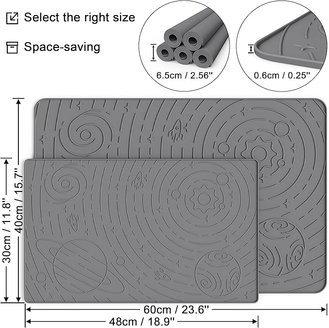 OHMO Dog Food Mat, Silicone Waterproof Cat Food Mat, Non-Skid Spill Proof Pet Feeding Mat for Food and Water, Easy to Clean Dog Placemat(Grey, 23.6" x 15.8")