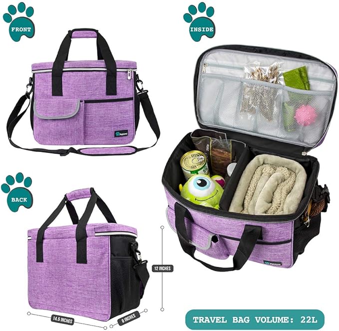 PetAmi Dog Travel Bag - Travel Pet Organizer with Food Container and Bowls, Perfect for Weekend Camping, Cat Diaper Bag (Purple, Medium)