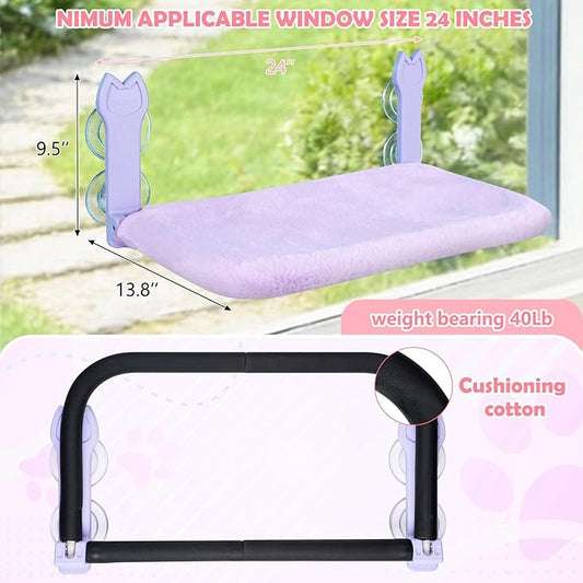 2 Pack Cat Window Perch,Cat Window Hammock Cordless Foldable Window Bed with 4 Large Strong Suction Cup,Reversible Cushion Cover,Metal Frame Easy to Adjust Window Seat Holds up to 40lbs(Purple，M)