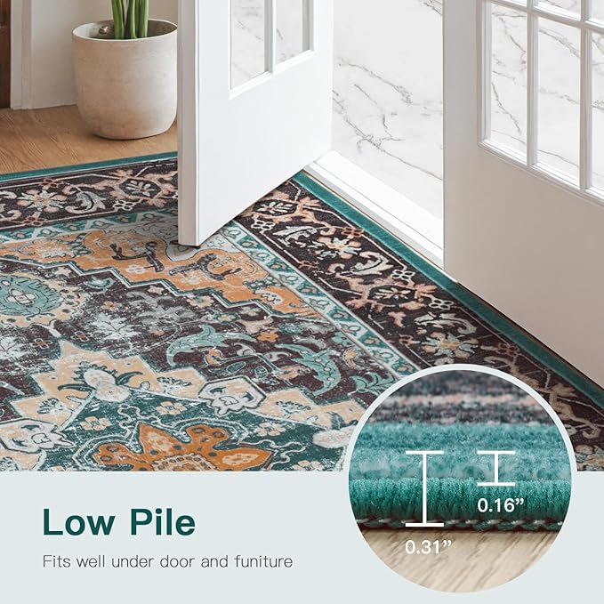 Lofus 6x9 Area Rugs for Living Room, Washable Area Rug, Rugs for Bedroom, Kitchen, Vintage Boho Carpet, Soft Non-Slip, Low Pile Large Area Rug for Office Dining Room, Floral Green