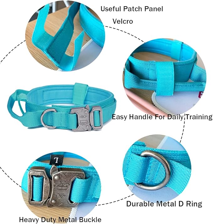 Xqpetlihai Tactical Dog Collar Adjustable Military Nylon Dog Collar with Control Handle and Heavy Duty Metal Buckle for Medium and Large Dogs (Blue,M)