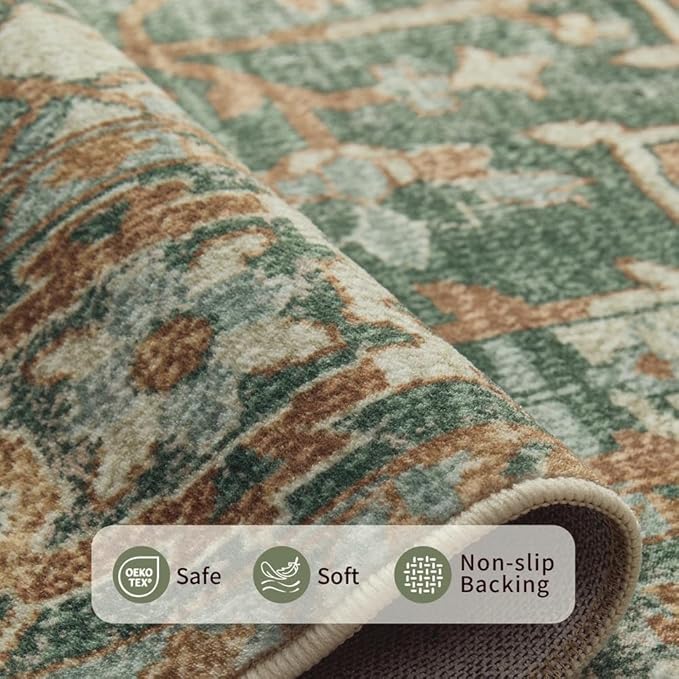 6x9 Area Rugs for Living Room Bedroom, Large Washable Rug, Green Vintage Floral Boho Style, Non Slip & Low Pile Carpet for Indoor Dining Room, Dorm and Kids Room(Green 6x9ft)