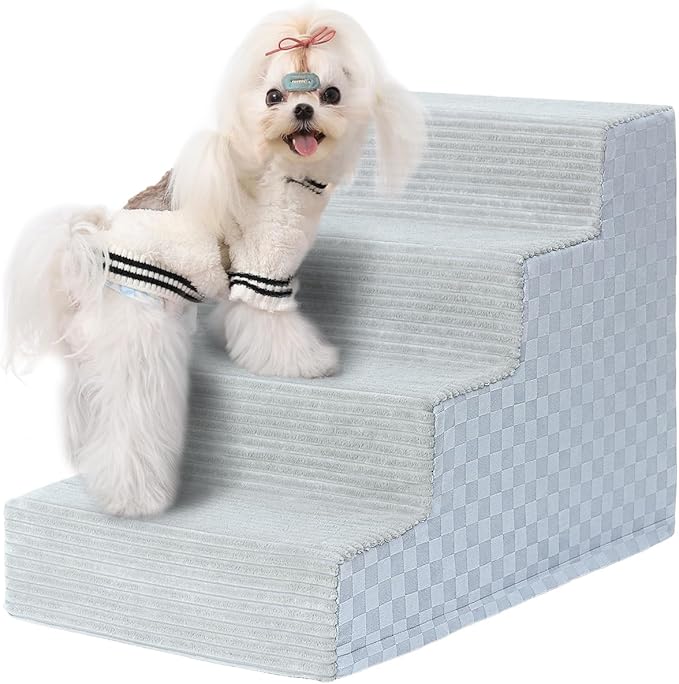 Vfrog Dog Stairs for Small Dogs,17.5" H,4-Step Dog Steps Ramp for Bed and Couch with High Density Foam,Non-Slip Pet Steps for Dogs and Cats,Pet Stairs with a Washable Cover,Grey