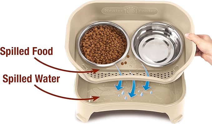 Neater Feeder Express Mess Proof Dog Bowls Elevated for Medium and Large Breed – Made in USA – No Spill Raised Slow Feeder Elevated Dog Bowl Stand, Slow Feed Food and Water Bowl Set, Almond
