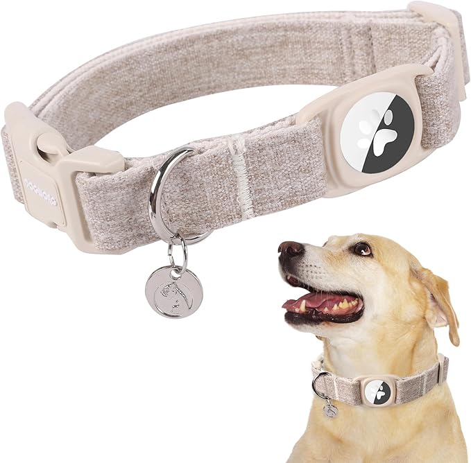 DOGWONG Airtag Cotton Hemp Dog Collar, Heavy-Duty Dog Collar with Airtag Holder Beige Natural Fabric Pet Cute Puppy Necklace for Small Medium Large Dogs