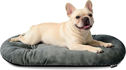 Durable & Washable Dog Bed for Small Medium Dogs & Cats, Plush Faux Silver Fox Fur Oval Bed with Non-Slip Bottom & Supportive Pad, 29”x18” Dark Grey