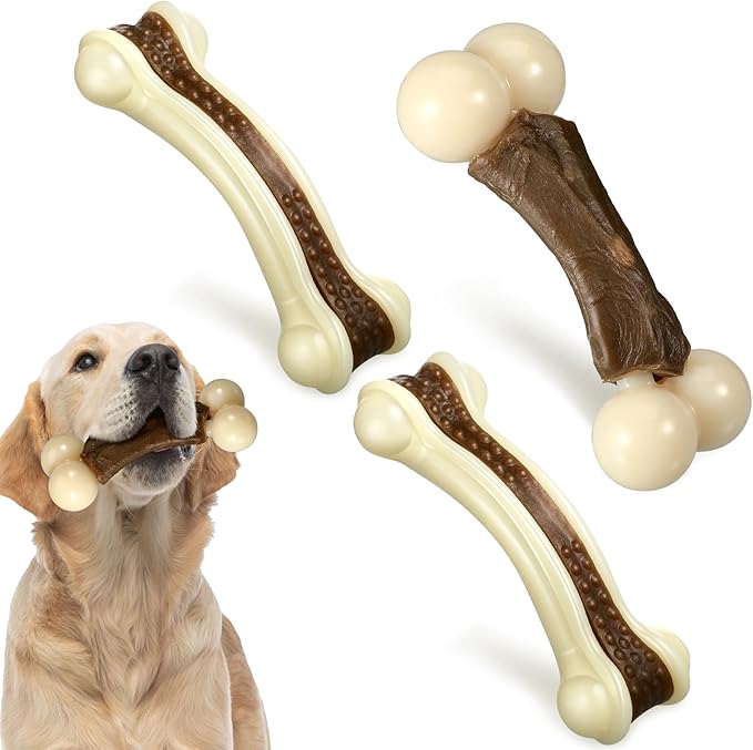 Sosation 3 Pack Chew Toys for Aggressive Chewers, Bone Toys Nylon Beef Flavor Dog Teething Toys for Large/Medium/Small Puppies Breeds(Large, Mixed Style)