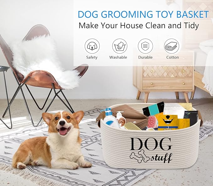 Durable Cotton Rope Dog Toy Storage, Large Dog bin, pet Bed, Puppy Toy Box - Perfect for organizing pet Toys, Blankets, leashes, Clothing and Any Doggie Stuff - Beige
