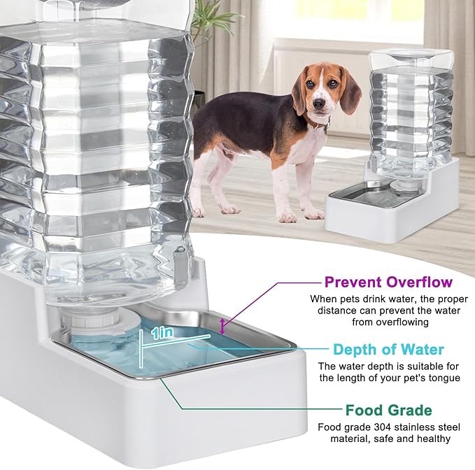 Automatic Pet Water Dispenser: 9L Gravity-Fed Stainless Steel Bowl - BPA-Free Large Capacity White Feeder for Dogs & Cats - Indoor/Outdoor Use