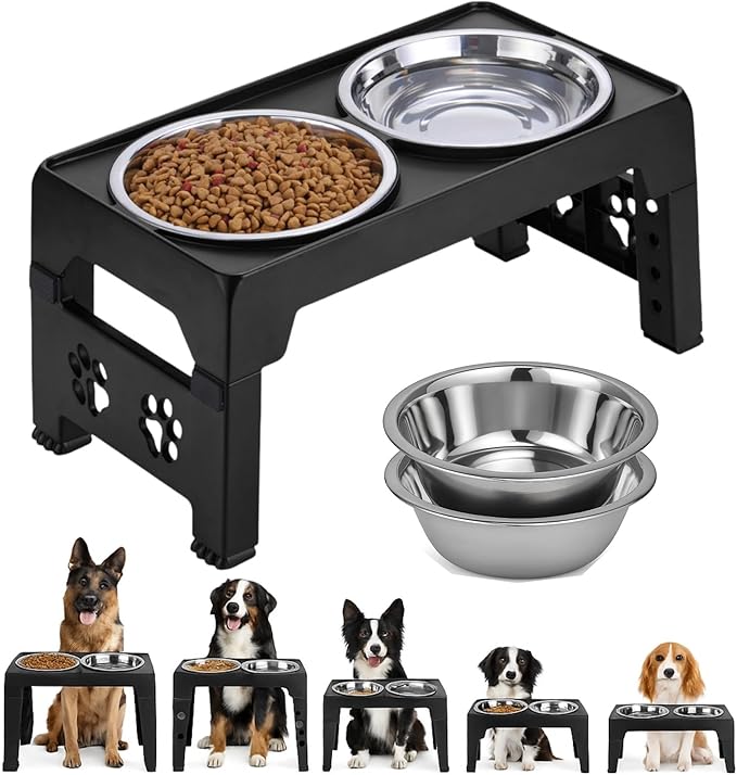 Elevated Dog Bowls, Raised Bowl with 2 Stainless Steel Food Bowls, Dog Bowls Stand Adjusts to 5 Heights 2.95", 8.46", 9.65", 10.82", 12.01" for Small Medium Large Cats Pets,Black