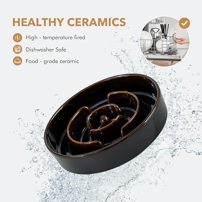 Ceramic 1.6 Cup Raised Slow Feeder Dog Bowl Set, Elevated 7.3inch Bowl and 8.2inch Dish with Acacia Wood Stand for Medium and Large Dog(2 x Starry Sky+ Stand)