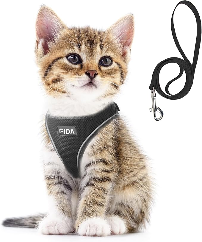 Fida Cat Harness and Leash Set for Walking Kitten and Puppy, Escape Proof Kitten Harness with Breathable Lightweight Soft Mesh, Adjustable Reflective Step-in Design for Kitten and Puppy.(XXXS, Black)