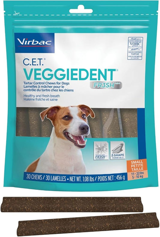 Virbac C.E.T. VEGGIEDENT FR3SH Tartar Control Chews for Dogs with digestive health support, VOHC Approved, Small 11-22lbs