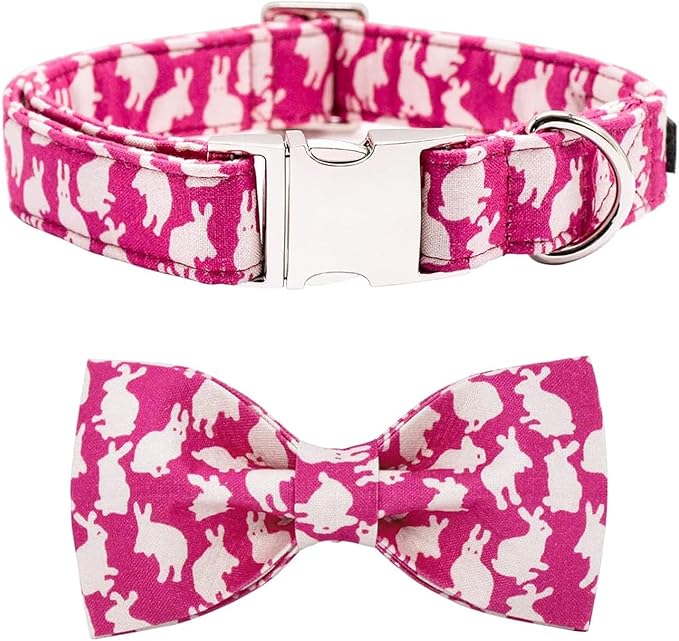 Maca Bates Easter Day Rabbit Dog Collar with Fancy Bow Tie for Small Girl Boy Dogs, Pink Bunny Pattern,Adjustable Durable Soft Breakaway Collars for Male Female Puppy