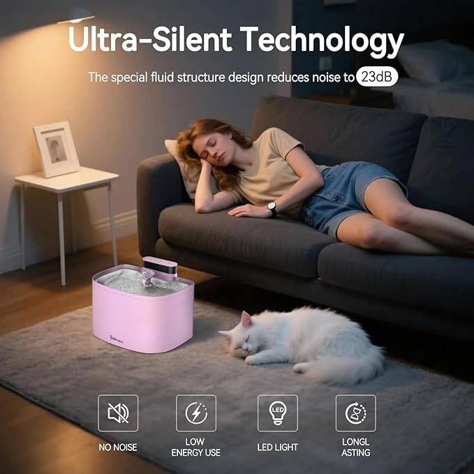 Cat Water Fountain, App Control Wireless Cat Fountain, 122oz/3.6L Pumpless Water Fountains for Cats Indoor with Stainless Steel Tray, Wi-Fi Dog and Pet Water Fountain (Pink, Fountain+2 Fliters)