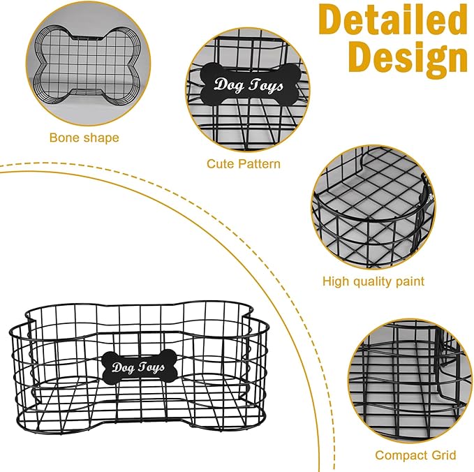 Geyecete Dog Toy Basket, Bone Shaped, Black, Metal, Storage, Pet Accessories Dog Storage Organizer Dog Toy bin Dog Toy Box Dog Toy-L