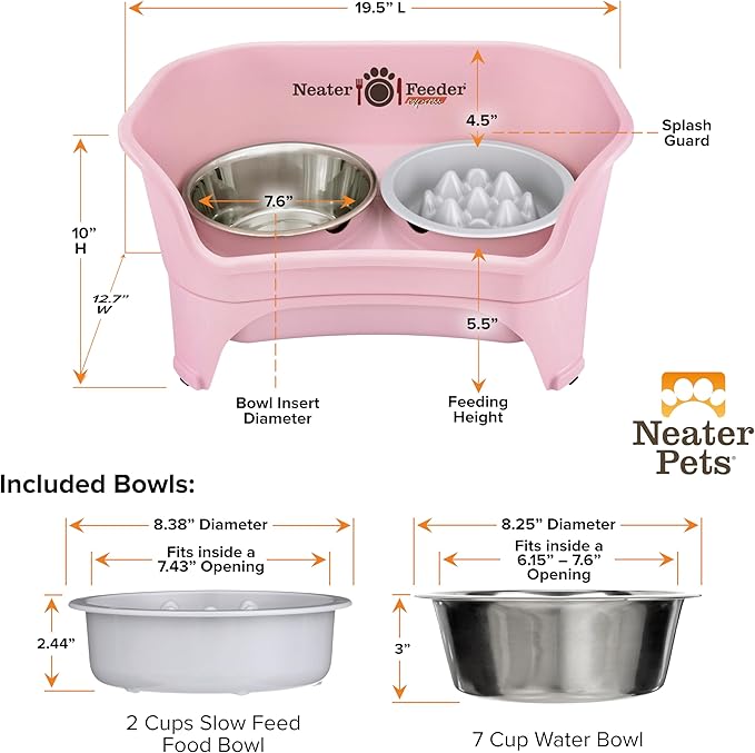 Neater Feeder Express Mess Proof Dog Bowls Elevated for Medium and Large Breed – Made in USA – No Spill Raised Slow Feeder Elevated Dog Bowl Stand, Slow Feed Food and Water Bowl Set, Pink