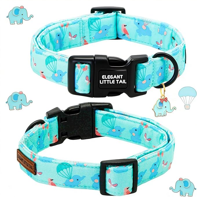 Elegant little tail Dog Collar, Cute Elephant Print Spring/Summer Soft Cotton Puppy Collars Adorable Male Pet Gift Lightweight Plastic Adjustable Dog Collar for Medium Dogs