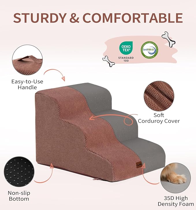 Made4Pets Dog Stairs Ramp for Bed 19.7" H, 4-Step Dog Steps for High Bed Couch Sofa Climbing, 35D Foam Pet Steps for Small Dogs and Cats, Non-Slip Bottom Pet Stairs, Brown