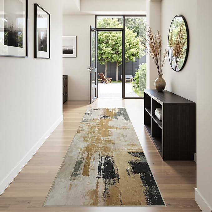Joydeco 2x6 Washable Runner Rug for Hallway, Modern Abstract Non-Slip Soft Rugs, Low Pile Carpet for Entryway, Bedroom, Kitchen, Laundry, White &Beige & Dark Gray
