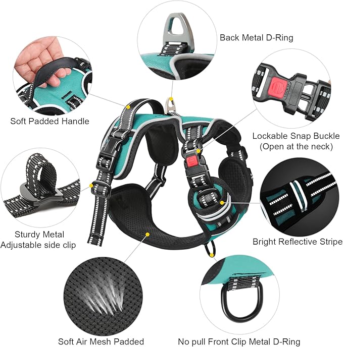 Timos No Pull Dog Harness, Release at Neck Reflective 3 Snap Buckles Adjustable No Choke Pet Vest with Front & Back 2 Leash Clips, Soft Padded Control Training Handle for Small Medium Large Dogs