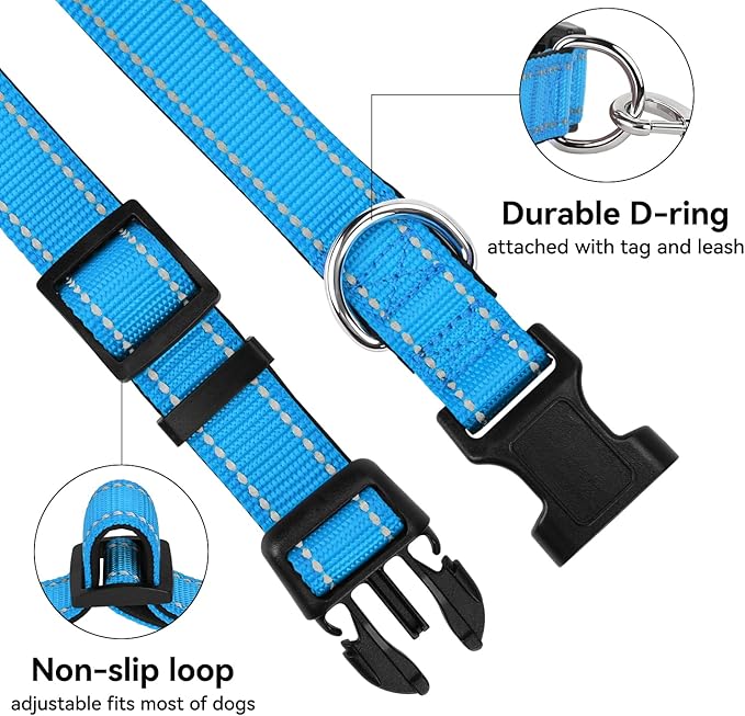 Soft Reflective Dog Collar for Extra Small Dogs, Lightweight Adjustable Puppy Collar with Neoprene Padding, Gentle Nylon for Chihuahua Yorkie,Aqua Blue,XS