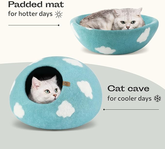 MEOWFIA Cat Cave – Premium Felt Cat Bed for Indoor Cats, Handmade Merino Wool (Nap Blue, Large)