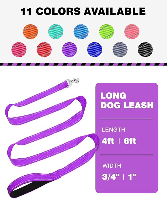 Reflective Dog Leash 4ft Soft Padded Handle Nylon Lead for Small & Medium Dogs, Durable Walking Training Leash for Night Safety (Purple,3/4Inch Wide)