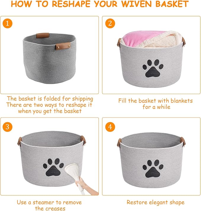 Geyecete Round Dog dog toy basket storage weave Rope Storage Basket Pet/Doy Toy Box Dog Storage Basket-Gray