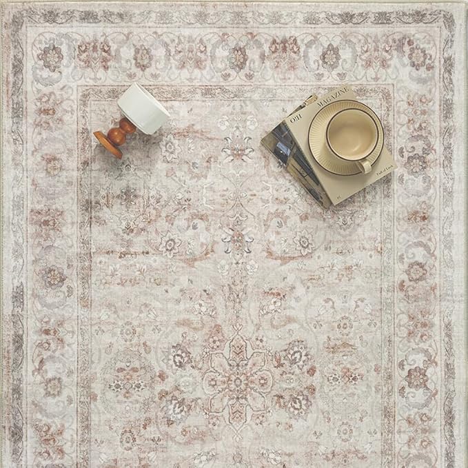 3x5 Area Rug Entryway Beige Washable Vintage Carpet Office Small Indoor Non Slip Soft Low Pile Thin Stain Resistant Distressed Accent Throw Rug for Entrance Bedroom Dining Living Room