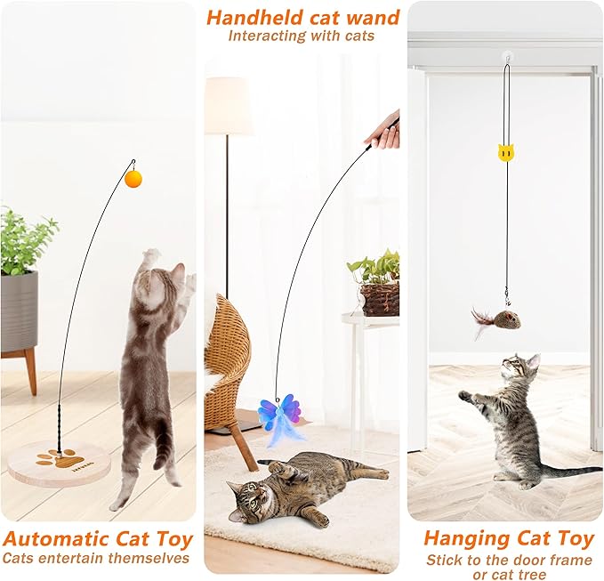 JXFUKAL Interactive cat Toy, Automatic Cat Wand Toy with Stable Wooden Base, 2 PCS Detachable Cat Teaser, 5PCS Refills Replacement & Hanging Elastic String, Kitty Kitten Toys Feather Spring Bird Toy