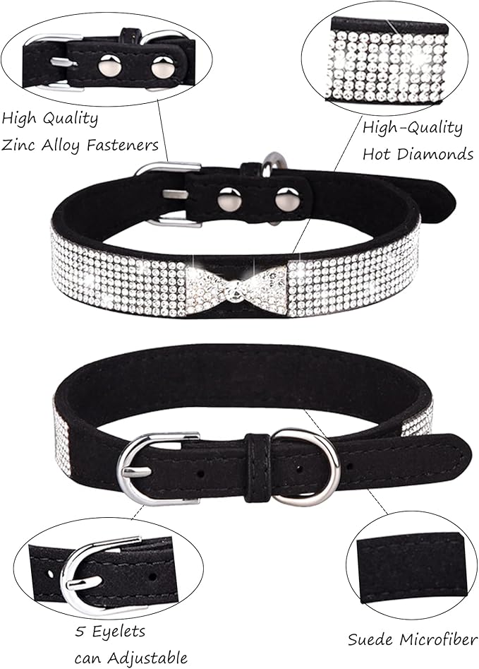 Dog Collar for Small Dogs, Adjustable Leather Suede Bling Dog Collars，Pink Dog Collar Cat Collar, Rhinestone Dog Collar (L, black4)