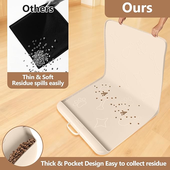 Dog Food Mat with Collection Pocket, 42''x28'' Extra Large Silicone Pet Feeding Mat for Food and Water, Waterproof Anti-Slip Dog Mat with Edge and Handle, Pet Placement for Floor (Beige)