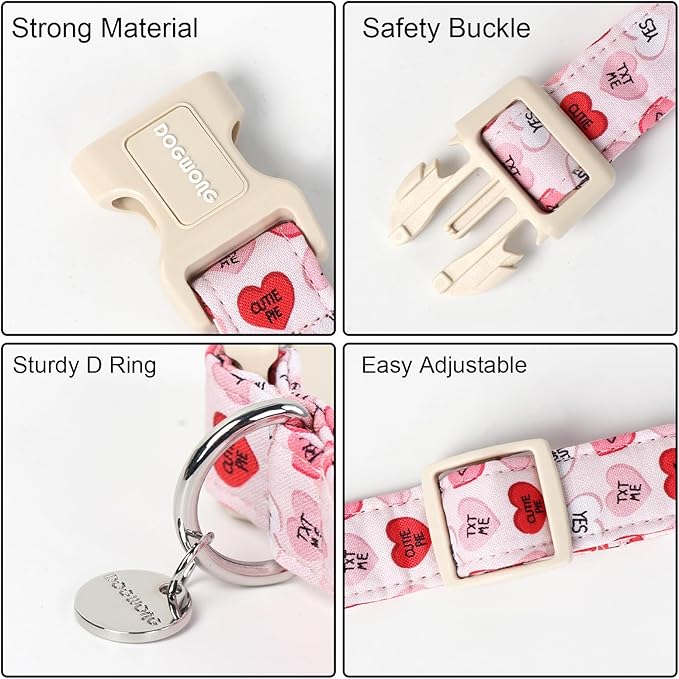 DOGWONG Valentine's Dog Collar, Adjustable Durable Pink Heart, Soft Cotton, Easy Clean, Perfect Fit for Small Medium Dogs