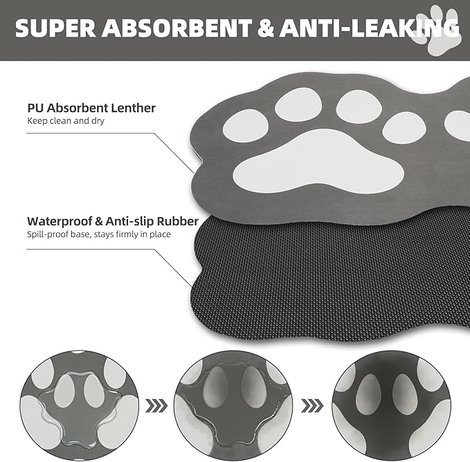 PUPTECK Dog Food Mat, Quick Absorbent Pet Cat Feeding Mat, Anti-Slip Dog Placemat for Food and Water Bowls with Rubber Backing, No Stains Floors Waterproof Indoor, Grayish Black & White 16"x24"