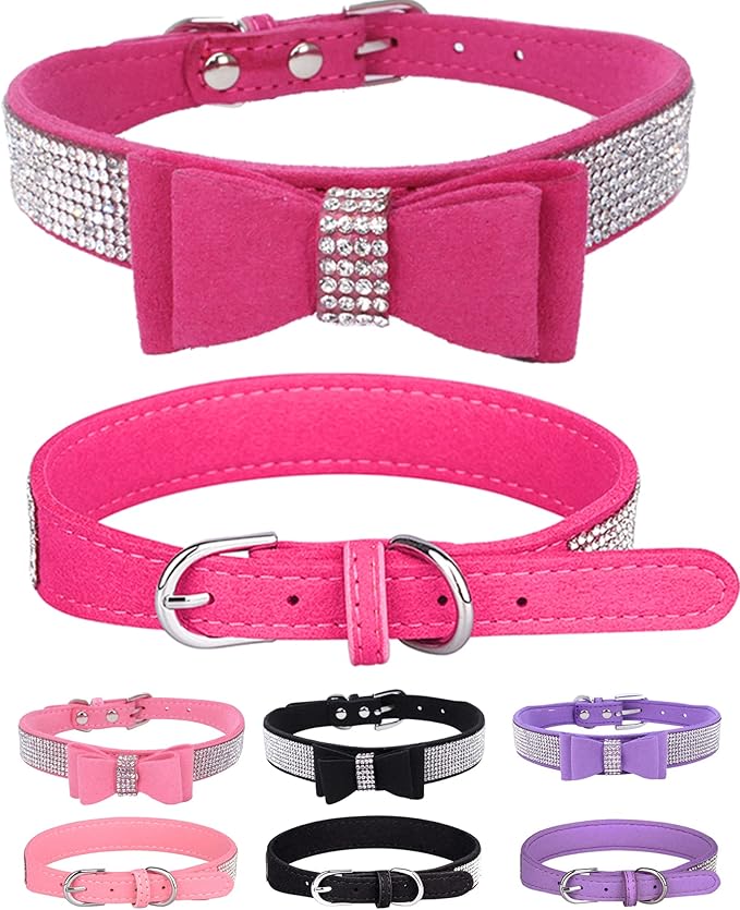 Bling Dog Collar for Small Medium Large Dogs, Crown Rhinestone Dog Collars for Girl and boy Dog, Diamond Puppy Collars, Adjustable Leather Suede SOFE Cat Collar (S(10.6"-13"/27CM-33CM), Rose Red3)