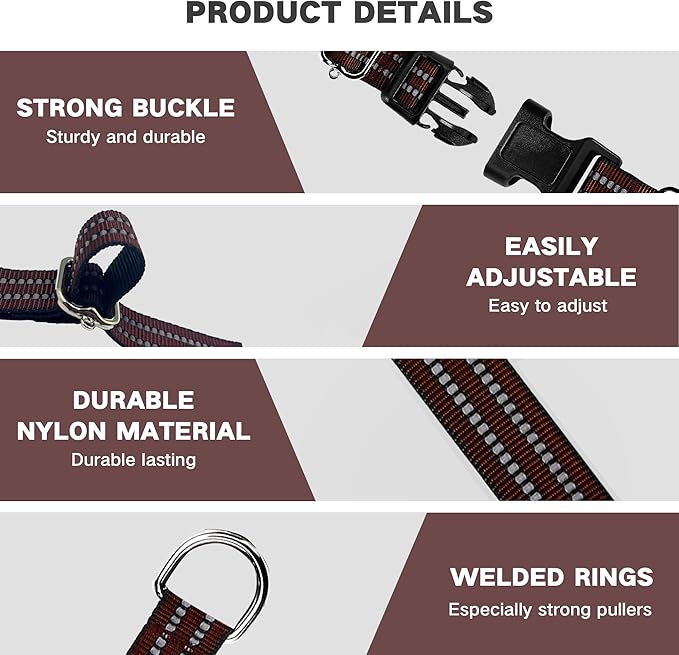 Hikiko Martingale Dog Collars Reflective Nylon Dog Collar with Quick Release Buckle Adjustable Training No Slip Dog Collar (Medium, Coffee Brown)