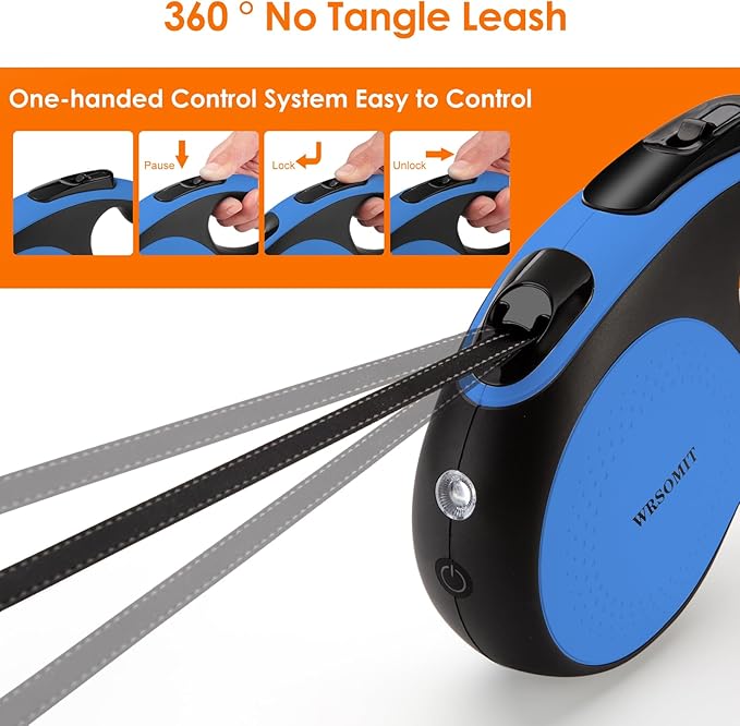 Retractable Dog Leash with Chew Proof Cable and LED Flashlight, 16Ft Heavy Duty Dog Leash for Medium Large Dogs up to 110lbs, 360째 No Tangle (Blue+16ft+LED)