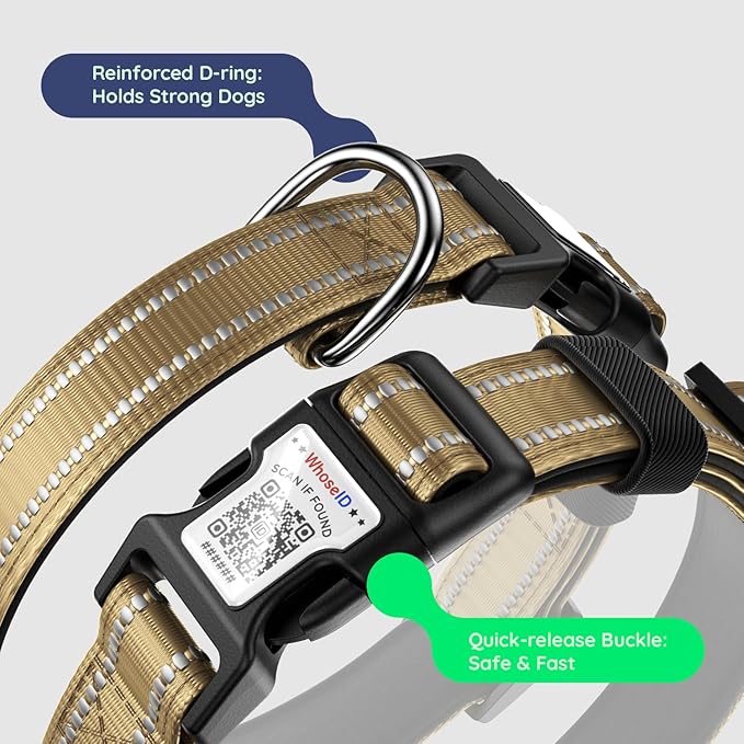 Airtag Dog Collar, Reflective Ultra-Durable Nylon Padded with QR Code Buckle & IP68 Waterproof Air Tag Holder Compatible for Apple AirTag, Comfortable for Small Medium Large Dogs(Brown,L)