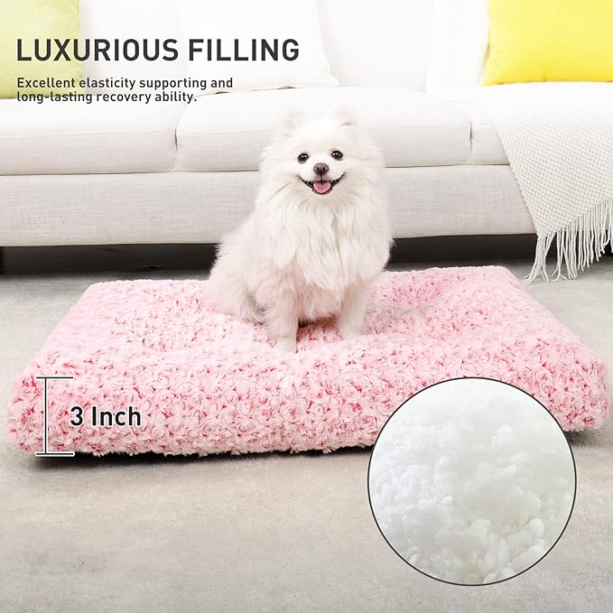 KSIIA Washable Dog Bed Deluxe Plush Dog Crate Beds Comfy Kennel Pad Anti-Slip Pet Sleeping Mat for Large, Jumbo, Medium, Small Dogs Breeds, 23" x 18", Pink